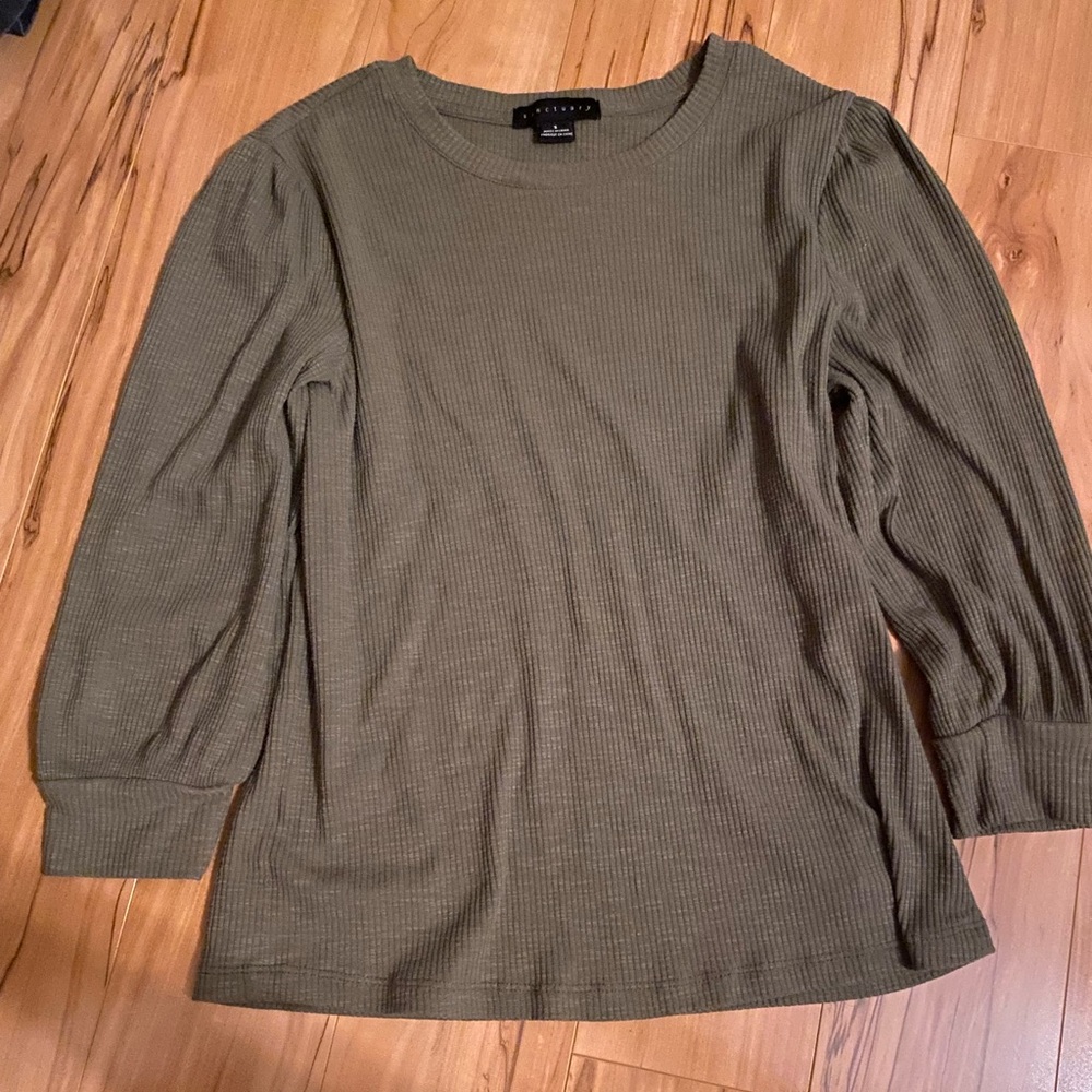Sanctuary Olive Green Ribbed Knit Blouse—S